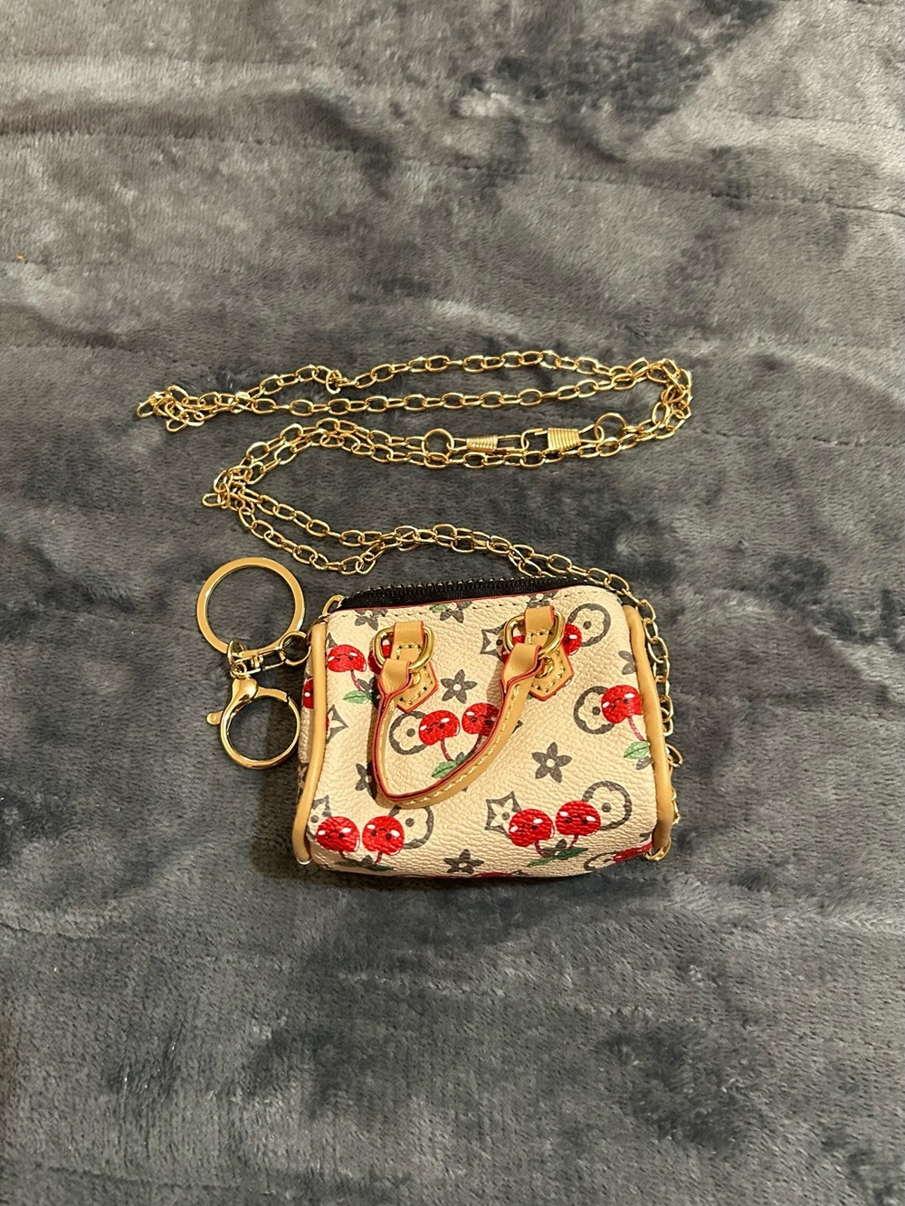 Mini Cherry Print Crossbody Bag with Gold Chain
